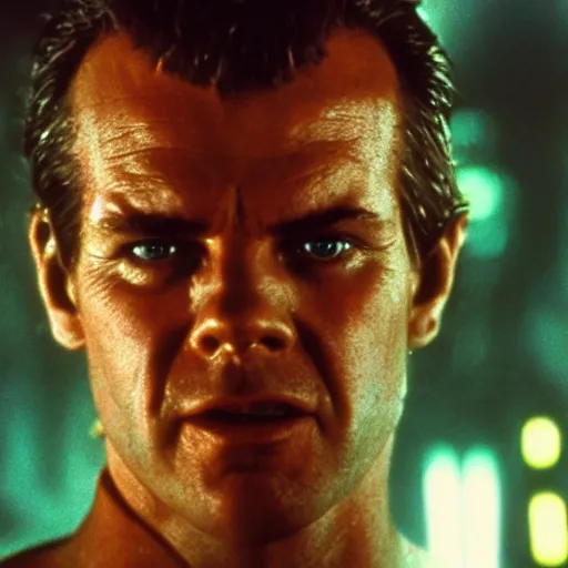 Image similar to young Jack Nicholson as Rick Deckard on blade runner 1982, slightly smiling, wide angle lens, movie still, in color, movie frame, detailed face, symmetrical face, 4k