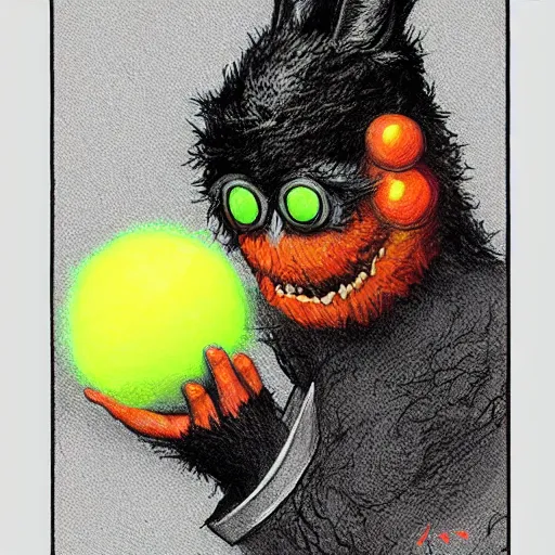 Prompt: a tennis ball monster, tennis ball, dark, chalky, rabbit, digital art, fantasy, magic, trending on artstation, ultra detailed, professional illustration by Basil Gogos