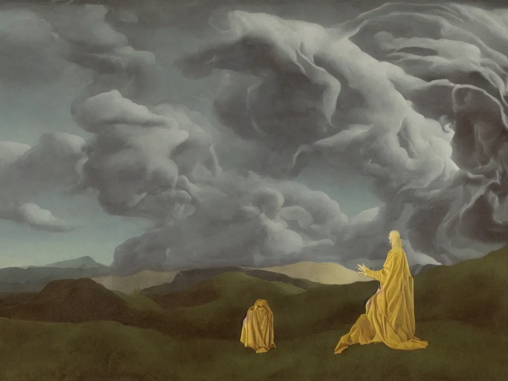 Image similar to albino mystic, with his back turned, looking at a storm over over the mountains in the distance, with strange hallucination, optical illusion. Painting by Jan van Eyck, Audubon, Rene Magritte, Agnes Pelton, Max Ernst, Walton Ford