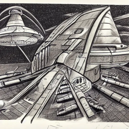 Prompt: vintage, detailed, pencil sketch of sci - fi ufo construction, all parts, with full descriptions, on old parchment