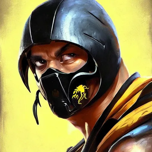 Image similar to greg manchess portrait painting of scorpion from mortal kombat as overwatch character, medium shot, asymmetrical, profile picture, organic painting, sunny day, matte painting, bold shapes, hard edges, street art, trending on artstation, by huang guangjian and gil elvgren and sachin teng