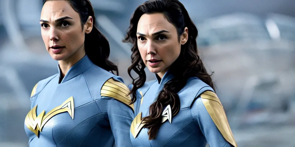 Image similar to gal gadot, in full starfleet uniform, is the captain of the starship enterprise in the new star trek movie