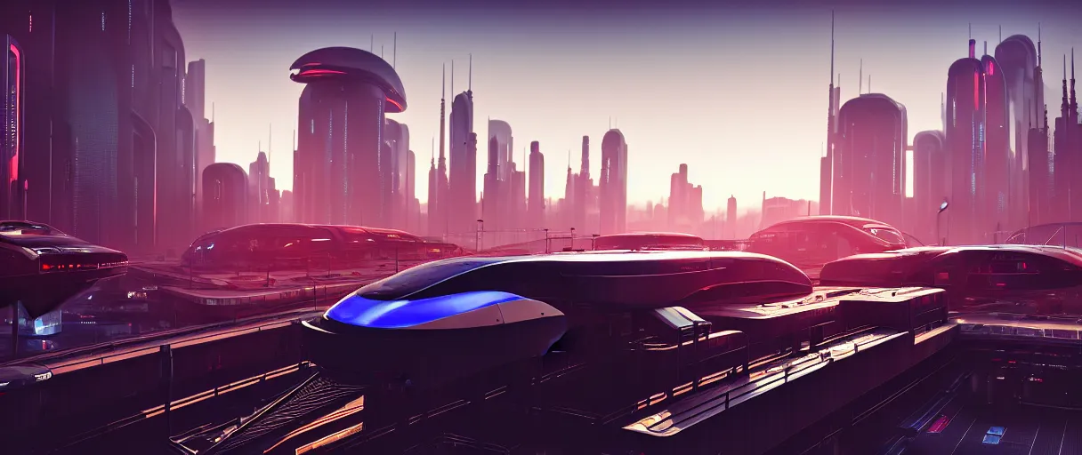 Prompt: futuristic city center with maglev train station in background, modern landscape architectural design for industrialpunk concrete and glass, maroon metallic accents, gorgeous lighting, golden hour, cyberpunk, 2077, dramatic lighting and composition, photography, 8k, origin 100i, star citizen concept art, single line, golden ratio