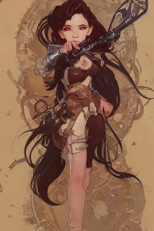 Image similar to ariel disney steampunk half - cyborg cowgirl, pelt coats, high fantasy, dnd, smooth, sharp focus, illustration, highly detailed, digital painting, artstation, concept art, by rossdraws, alphonse mucha, frank fanzzeta, collectible card art