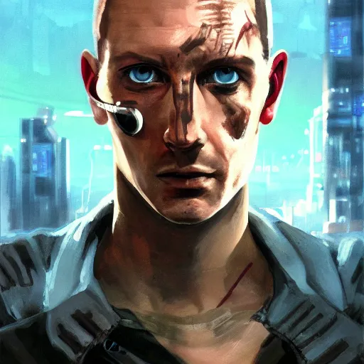 Image similar to cyberpunk, armitage, closeup portrait of a crazy ex soldier with a battlescar, light blue eyes, brown buzzcut, dramatic light, city background, sunset, dystopian setting, high contrast, sharp, neuromancer, painted by stanley lau, painted by greg rutkowski, painted by stanley artgerm, digital art, trending on artstation