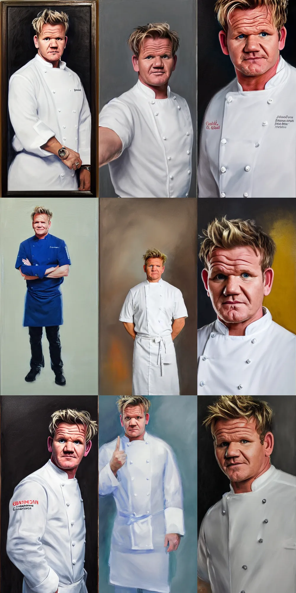 Prompt: A portrait (centered, medium full shot) of Gordon Ramsay wearing a white chef uniform, oil on canvas, classicism style