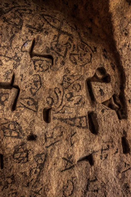 Image similar to 4 k photography of petroglyphs representing crosses, ufo, wifi symbol on a cave