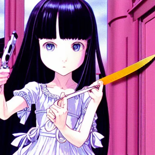 Image similar to IMAX film still of a portrait of a morbid 18 year old young woman wearing a dress of the soft aesthetic with wavy long hair, queen of sharp razorblades holds a single small sharp blade or a razor her hand and shows it to the user, by Range Murata, Katsuhiro Otomo, Yoshitaka Amano.