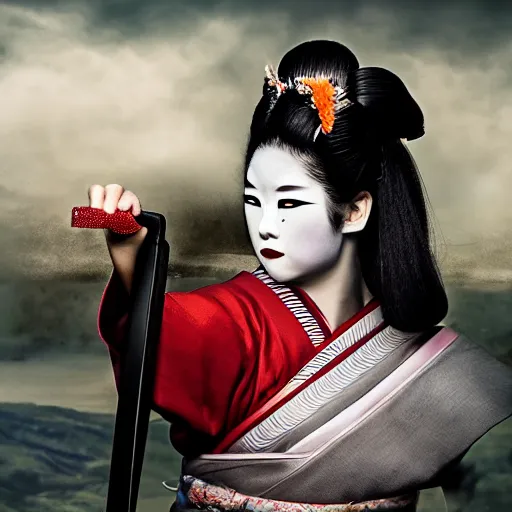 Image similar to geisha as a samurai, in battle, advertising photography