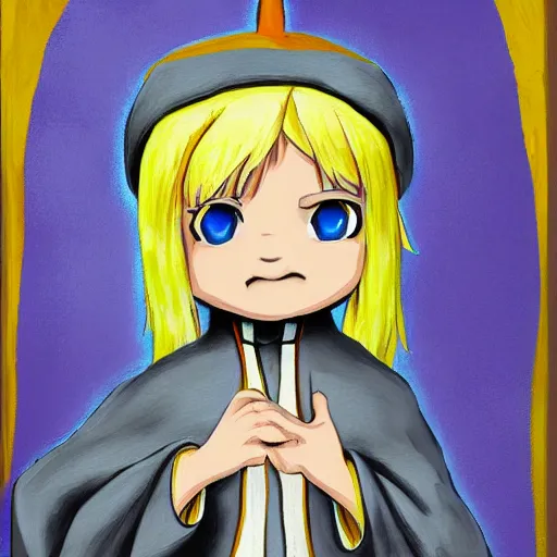 Image similar to little boy wearing nun outfit, blonde hair. purple and yellow color palate, detailed soft painting, made in abyss art style, anatomically correct