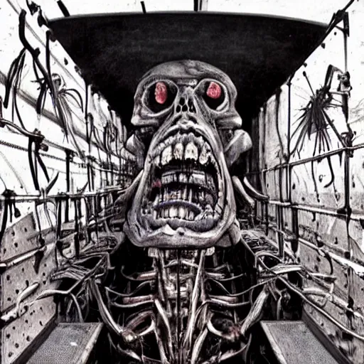 Image similar to boxcar made of human meat and bone, biomechanical railroad, highly detailed, War Photography, Pushead art, by H.R. Giger