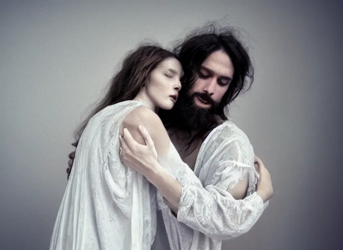 Image similar to couple, jesus hugging a woman, spirit hugs, in style of paolo roversi, britt marling style 3 / 4, a beautiful ethereal lace white robe, 8 k, soft focus, soft light, volumetric lighting, highly detailed realistic, refined, highly detailed, natural outdoor soft pastel lighting colors scheme