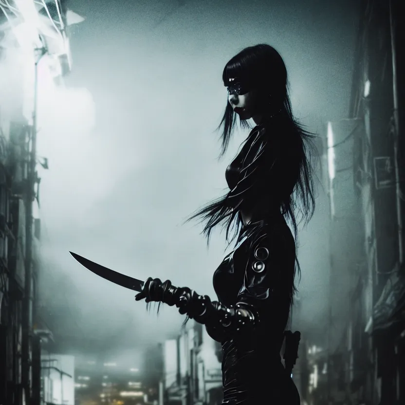 Image similar to a photo close up cyberpunk woman, knife dance in cyberpunk dirty alley, smoke mist rain, cyberpunk gunma prefecture, midnight, photorealistic, cinematic color, studio lighting, highly detailed, bokeh, style by tomino - sama