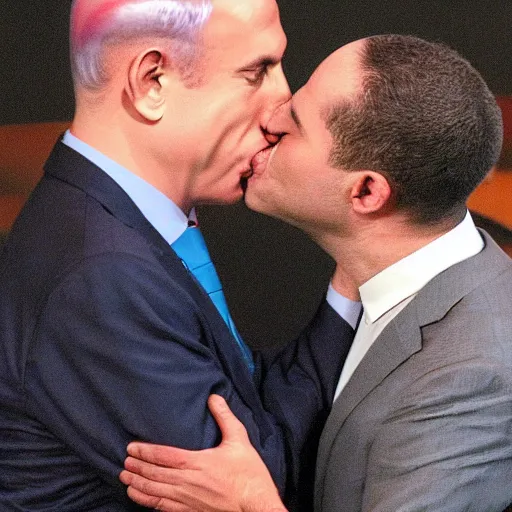 Image similar to benjamin netanyahu kissing naftali bennet, realistic, detailed