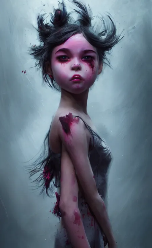 Prompt: insanely detailed full body 3 d portrait of girl with pouty aerochrome ( ( ( lips ) ) ), powerful, adorable, expressive eyes, big evil grin, kawaii playful pose of a dancer, greg rutkowski, charlie bowater, yuumei, stephen gammell, unreal 5, daz, hyperrealistic, dark, dynamic lighting, fantasy art, beautiful face