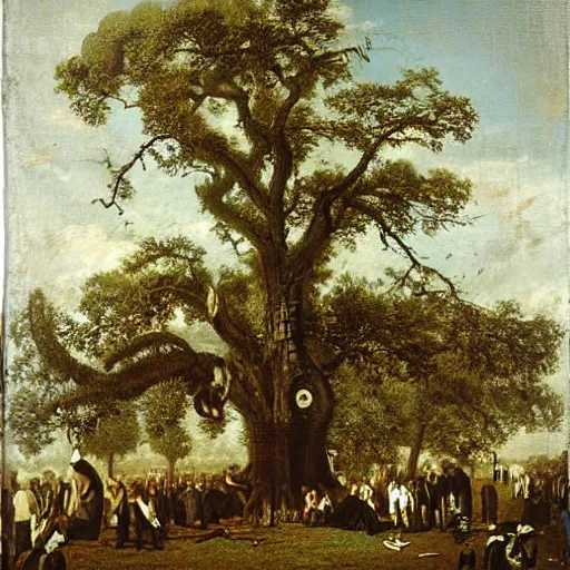 Prompt: huge tree with a lot of hanging bodies, southern gothic art, 1 9 th century scene, painted by friedrich caspar david