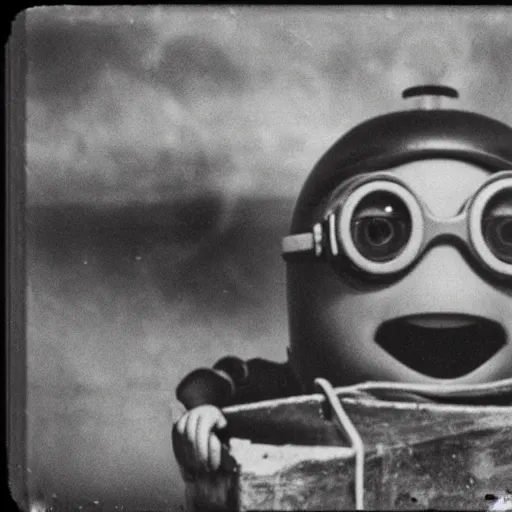 Image similar to old creepy black and white photograph of a minion in deep sea diving gear