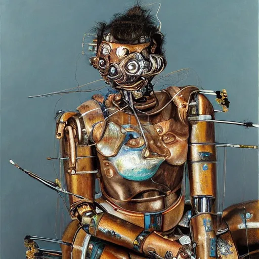 Prompt: high quality high detail painting by lucian freud and jenny saville, hd, samurai robot, turquoise