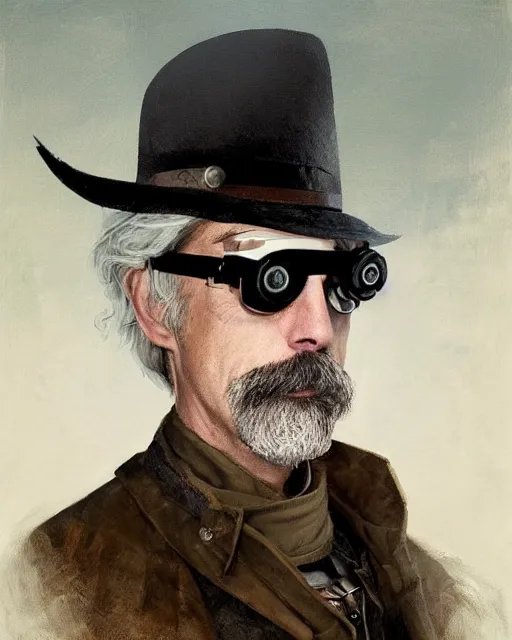 Image similar to Portrait steampunk Sam Elliott wearing safety goggles and black coat by charlie bowater elina brotherus greg rutkowski Dan Witz paul klee jamie wyeth victo ngai