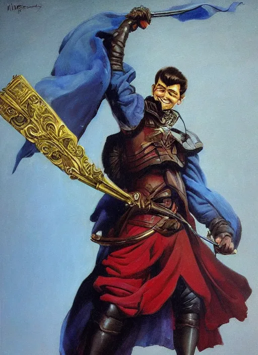 Prompt: portrait of smiling noble duelist, handsome! coherent! by mariusz lewandowski, by frank frazetta, vibrant color, strong line, minimalism, high contrast