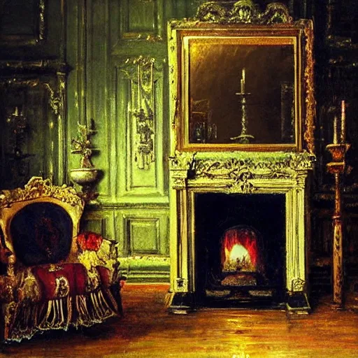 Image similar to grimshaw painting, vampire, candles, mansion, dim room, fireplace, gothic.