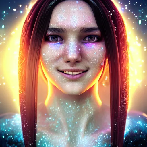 Image similar to Teenage female Mage, outdoors lighting, astral background, symmetrical face and body, confident, smile, detailed moisture, detailed droplets, detailed intricate hair strands, DSLR, ray tracing reflections, eye reflections, focused, unreal engine 5, vfx, post processing, post production, Arcane Style, 8k