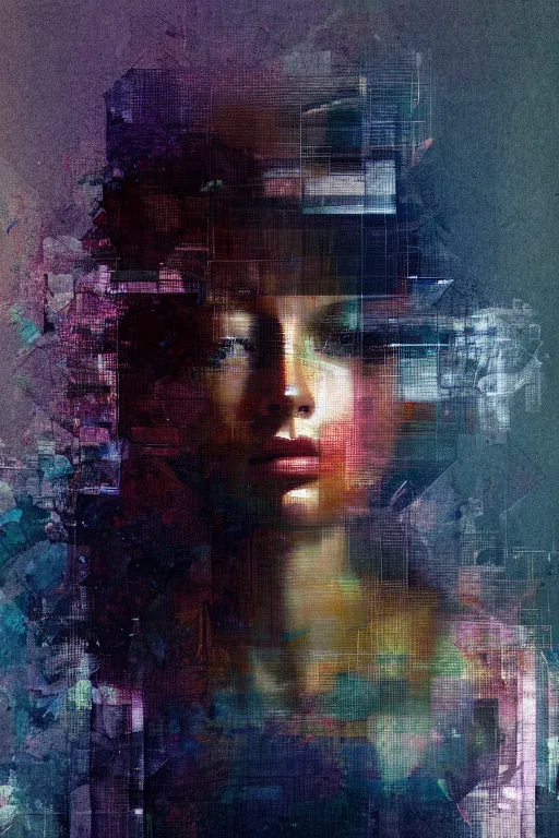 Image similar to a beautiful glitched painting by christian hook of a woman in a bathroom, geometric shapes and pixel sorting, brushstrokes by jeremy mann, still life, dark colors