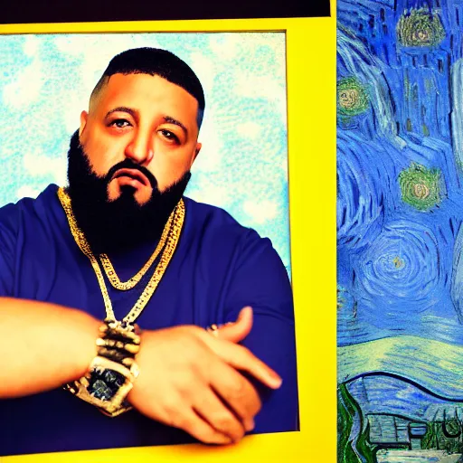 Image similar to ultra detailed portrait photo of dj khaled in a studio, blue, under red and yellow cinematic lighting, by van gogh