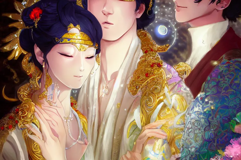 Image similar to a dreamlike portrait of wedding photograph close up moment of a divine a taiwan sun god and moon goddess lovers magician at a wedding banquet. portraiture. digital painting. artstation. concept art. fantasy wedding photo. digital painting, 8 k realistic, hyper detailed, by makoto shinkai and akihiko yoshida and hidari and wlop