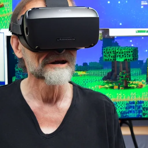 Prompt: terrance mckenna in virtual reality playing mindcraft