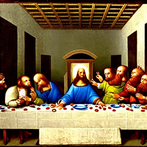 Image similar to the last supper by da Vinci with teddy bears instead of apostles, eating sashimi