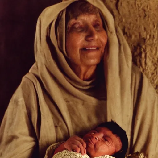 Image similar to film still of 80 year old sentimental Mediterranean skinned woman in ancient Canaanite clothing holding a newborn baby, crying, awe, love, ancient interior tent background, Biblical epic movie,