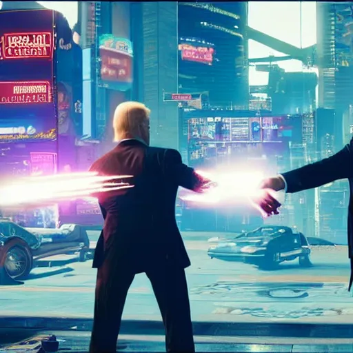 Image similar to a screenshot of joe biden and donald trump fighting in cyberpunk 2 0 7 7, 4 k, highly detailed