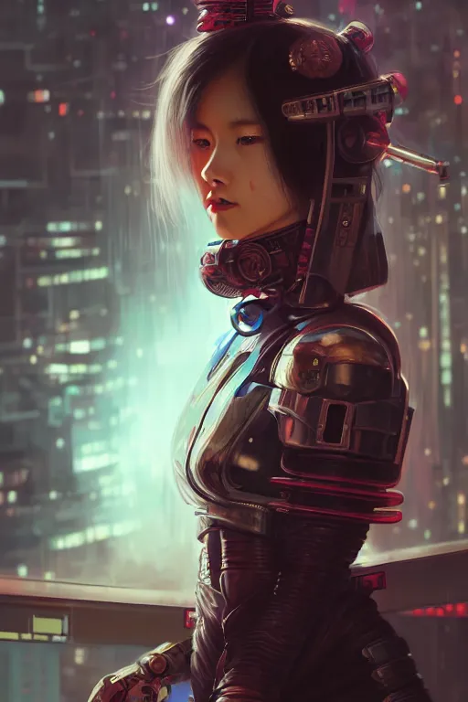 Image similar to portrait futuristic Samurai Girl, in future cyberpunk tokyo rooftop , ssci-fi, fantasy, intricate, very very beautiful, elegant, human anatomy, neon light, highly detailed, digital painting, artstation, concept art, smooth, sharp focus, illustration, art by tian zi and WLOP and alphonse mucha