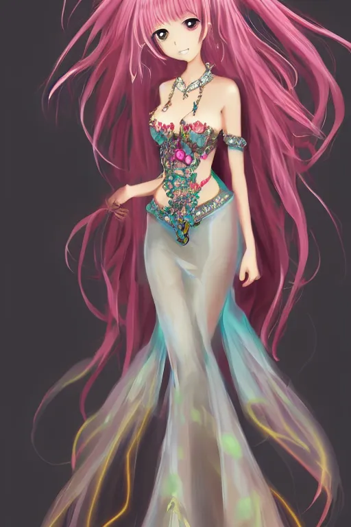 Prompt: Anime sad princess in full figure wearing an exotic evening gown, heargear and jade necklace, evening, detailed painting, WLOP, Artstation