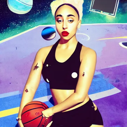 Prompt: paparazzi photo of Doja Cat Doja Cat Doja Cat Doja Cat Doja Cat Doja Cat Doja Cat Doja Cat Doja Cat Doja Cat on basketball court in outer space, beautiful beautiful beautiful beautiful beautiful beautiful beautiful digital art