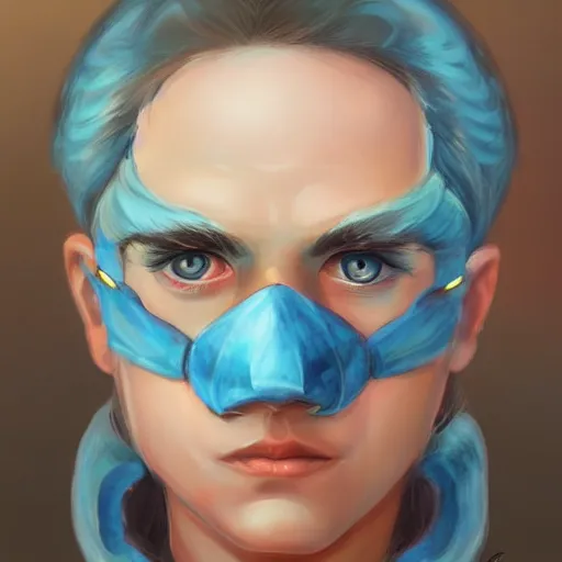 Image similar to art, bandit from ‘ icewind dale ’ with a frost blue gem mask lined with copper, ‘ icewind dale 2 ’ profile portrait by ‘ justin sweet ’, falling snow, soft focus, illustration, oil paint, trending artstation