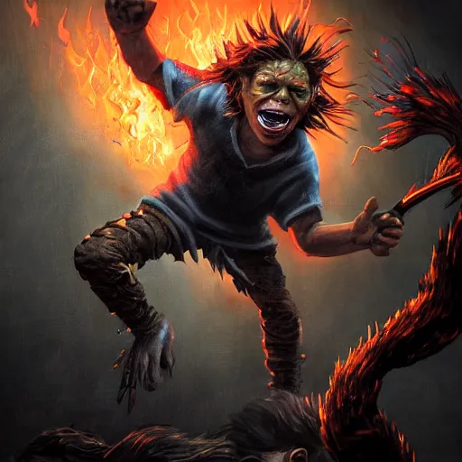 Image similar to An epic fantasy comic book style portrait painting of young Gollum with red spiked long hair, using an orange lens googles. Wearing white shirt, a black waistcoat, brown pants and black boots. He is throwing a wild fire blast from his hands, with a vicious smile in face. Unreal 5, DAZ, hyperrealistic, octane render, cosplay, RPG portrait, dynamic lighting , 8k ,