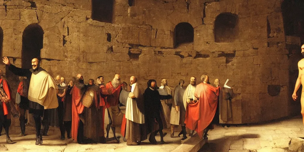 Prompt: a beautiful oil painting of Steve Jobs making a presentation in a medieval colosseum by Rembrandt and Dino Valls and George Stubbs and Greg Rutkowski