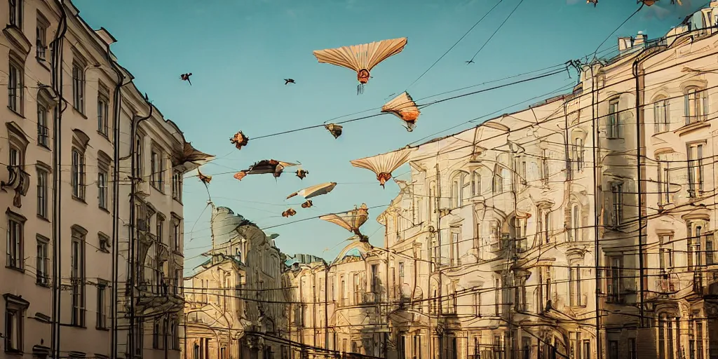 Image similar to cinematic street shot of a flying houses of saint petersburg city, telephoto, anamorphic cinematography, beautiful composition, color theory, leading lines, photorealistic, moody volumetric lighting