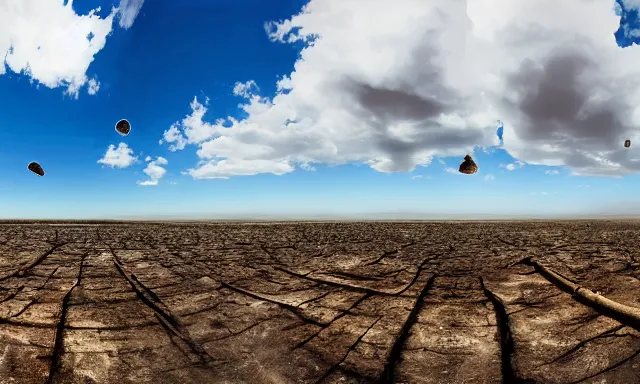 Image similar to panorama of big raindrops flying upwards into the perfect cloudless blue sky from a dried up river in a desolate land, dead trees, blue sky, hot and sunny highly-detailed, elegant, dramatic lighting, artstation, 4k, cinematic landscape, photograph by National Geographic