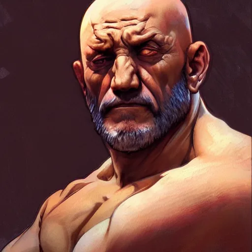 Image similar to mike ehrmantraut as sagat street fighter, 4 k, ultra realistic, detailed focused art by artgerm and greg rutkowski and alphonse mucha