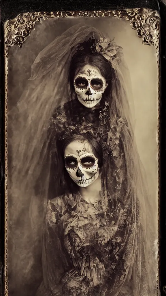 Prompt: tintype full body view, young woman in veiled dia de muertos dress and make up, horrific beautiful vibe, evocative, atmospheric lighting, painted, intricate, highly detailed,