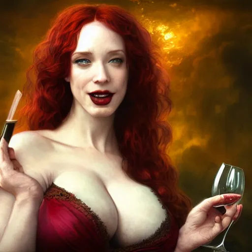 Image similar to a highly detailed matte painting of christina hendricks as an unbelievably powerful vampire witch, drinking wine, floating in the air doing blood magic, viewed in profile from far away, crackling green lightning, ultrawide lens, art by artgerm and greg rutkowski and alphonse mucha, volumetric lighting, octane render, 4 k resolution, trending on artstation, masterpiece