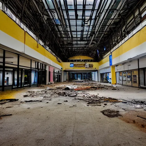 Image similar to huge holes in the floor in an abandoned mall, liminal space, bright overhead lights, wide angle photography