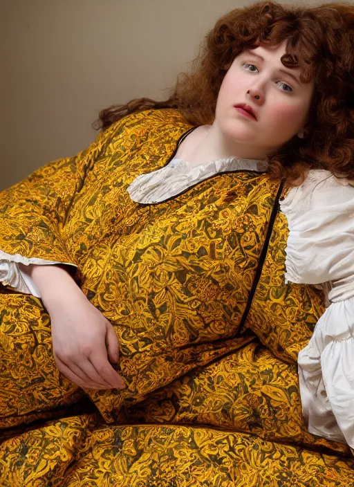Image similar to preraphaelite photography reclining on bed, big brown fringe, yellow ochre ornate medieval dress, william morris, 4 k