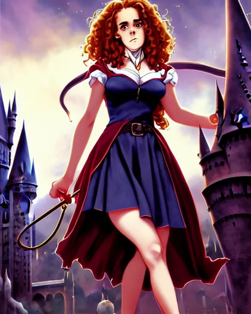 Image similar to pinup photo of hermione granger by emma watson in the crowded square of hogwarts, asuna by a - 1 pictures, by peter mohrbacher, gil elvgren, enoch bolles, glossy skin, pearlescent, anime, very coherent, sao style anime, flat