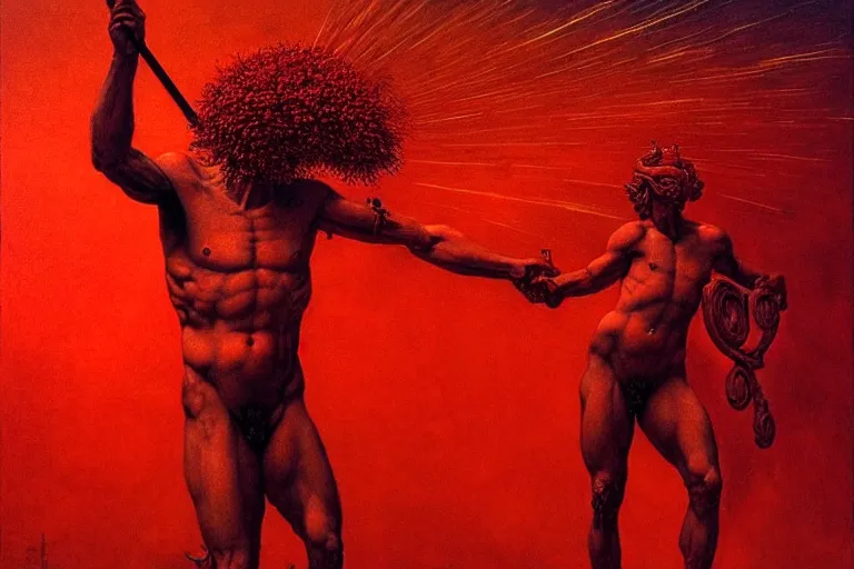 Image similar to only with red, a red melted apollo with a laurel wreath and a flaming sword announce the win, atene in the background, in the style of beksinski, part by hopper, part by rodcenko, part by hofbauer, intricate composition, red by caravaggio, insanely quality, highly detailed, masterpiece, red light, artstation