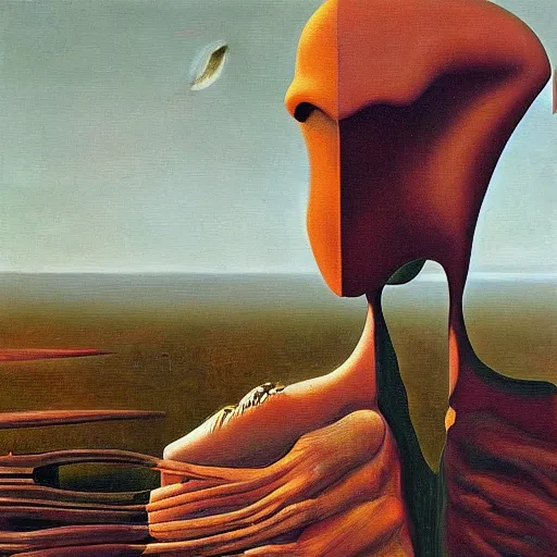 Image similar to An oil painting of a strange alien creature by Max Ernst and Giorgio de Chirico, trending on artstation