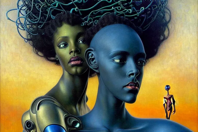 Image similar to realistic extremely detailed portrait painting of a beautiful black woman with a robot, futuristic sci-fi landscape on background by Jean Delville, Amano, Yves Tanguy, Mark Brooks, Alphonse Mucha, Ernst Haeckel, Edward Robert Hughes, Roger Dean, rich moody colours, blue eyes